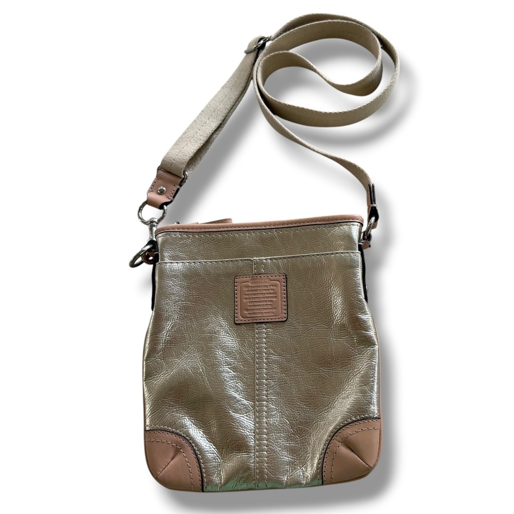 Coach Metallic Gold Leather Trim Swingpack East Crossbody Purse Adjustable Strap